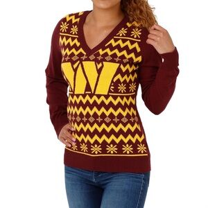 FOCO Washington Commanders NFL Team‎ Ugly Holiday V-neck Sweater - Burgundy Gold